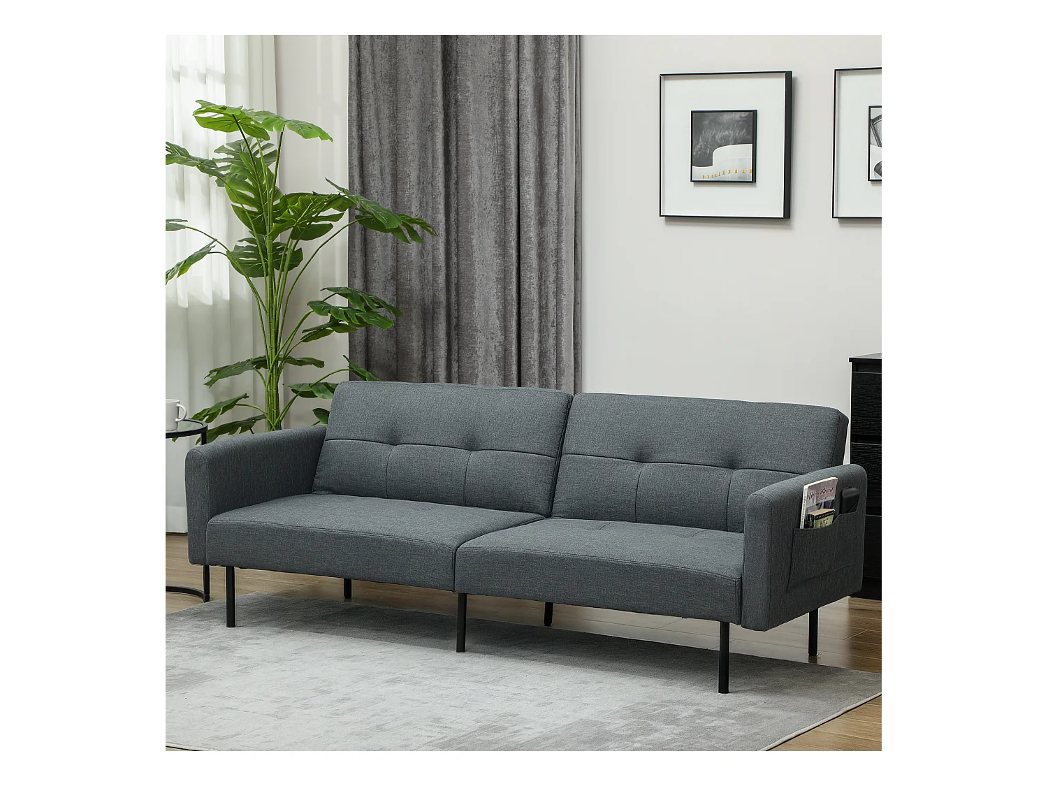 Divano Letto Effetto Lino con schienale regolabile su 3 livelli grigio
