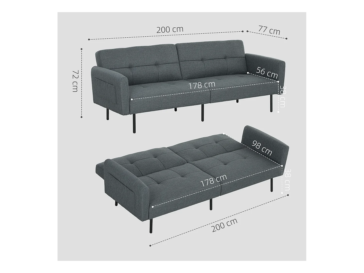 Divano Letto Effetto Lino con schienale regolabile su 3 livelli grigio
