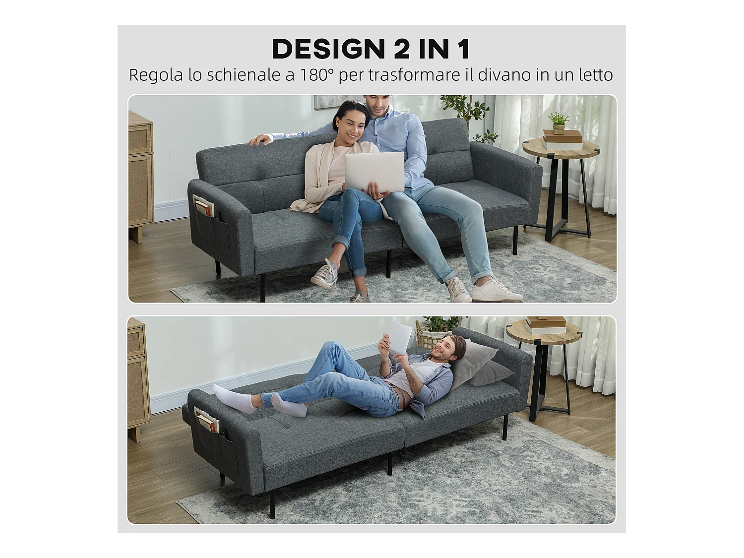 Divano Letto Effetto Lino con schienale regolabile su 3 livelli grigio