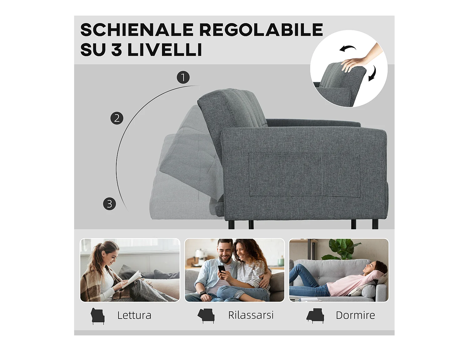 Divano Letto Effetto Lino con schienale regolabile su 3 livelli grigio