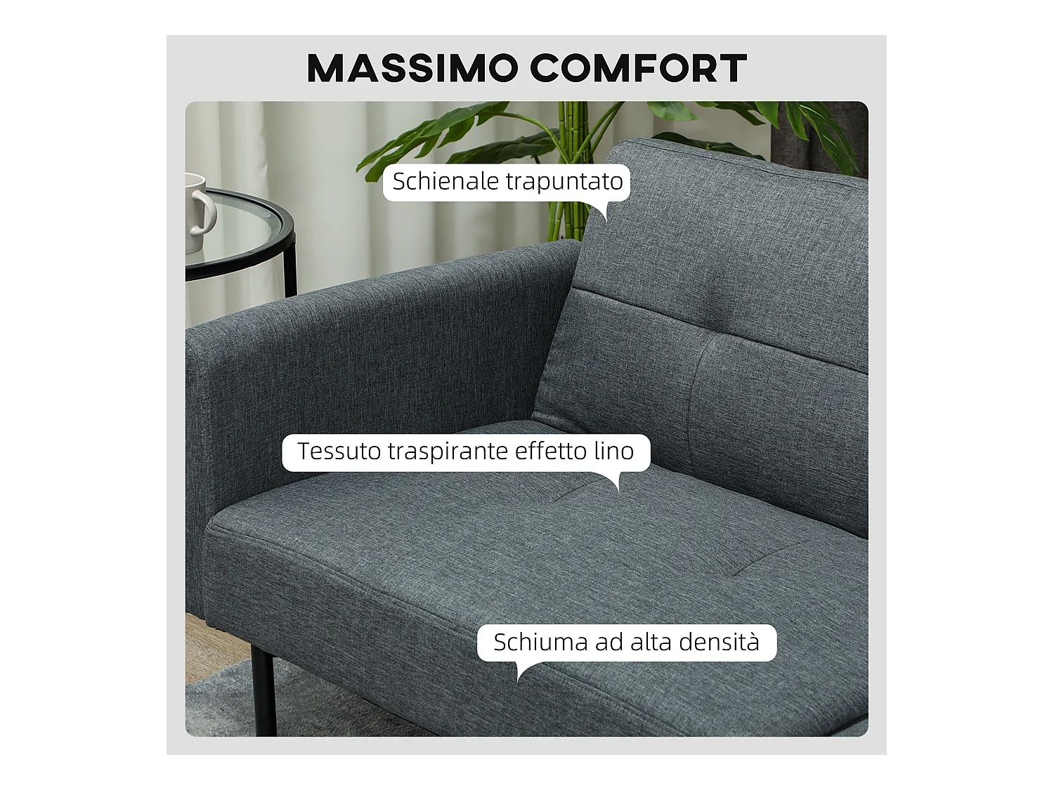 Divano Letto Effetto Lino con schienale regolabile su 3 livelli grigio