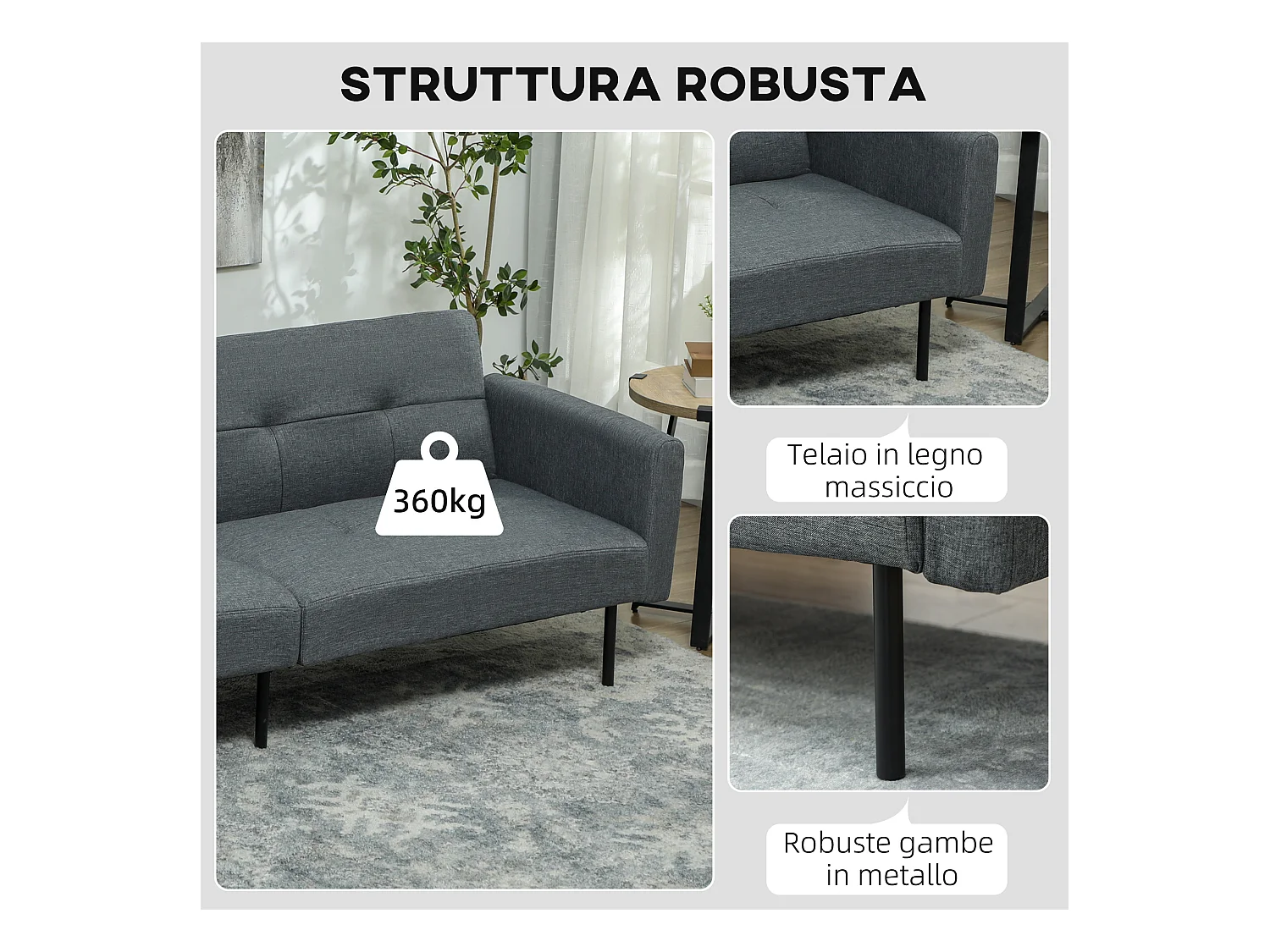 Divano Letto Effetto Lino con schienale regolabile su 3 livelli grigio