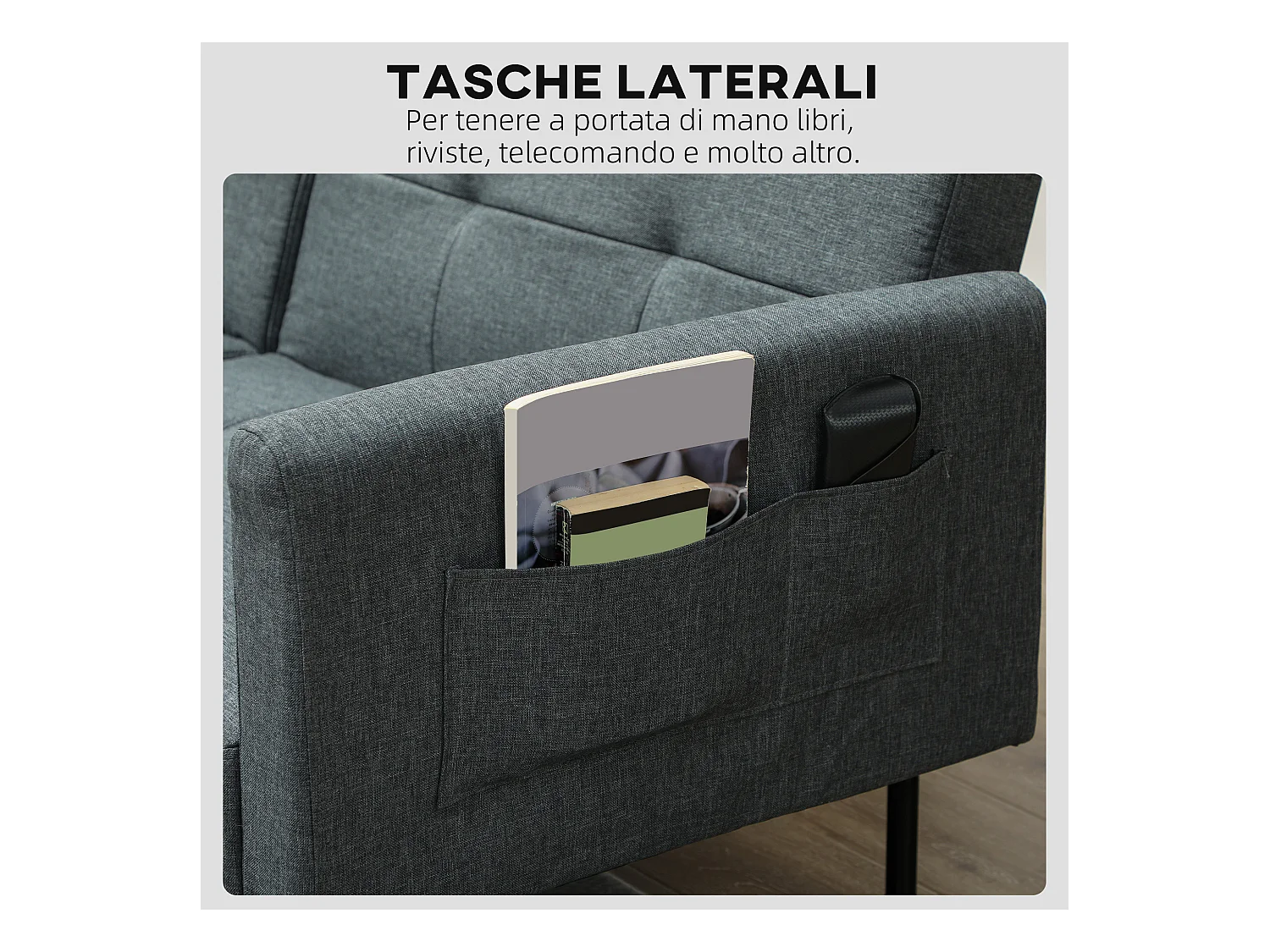 Divano Letto Effetto Lino con schienale regolabile su 3 livelli grigio