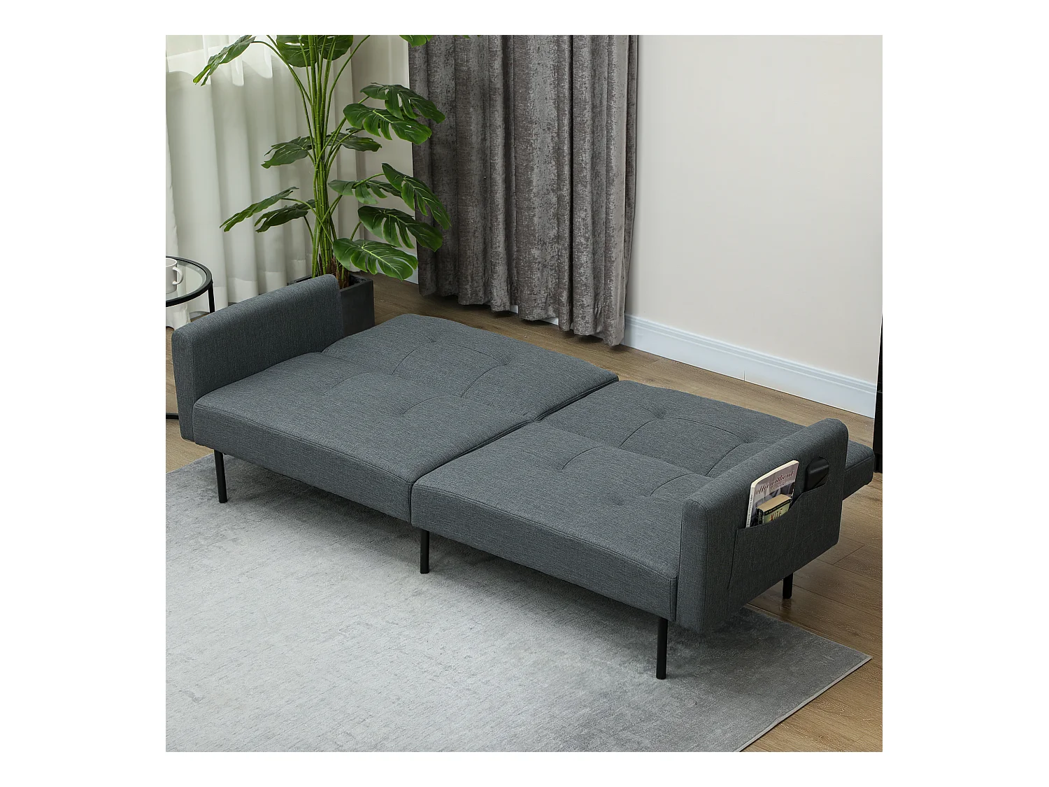 Divano Letto Effetto Lino con schienale regolabile su 3 livelli grigio