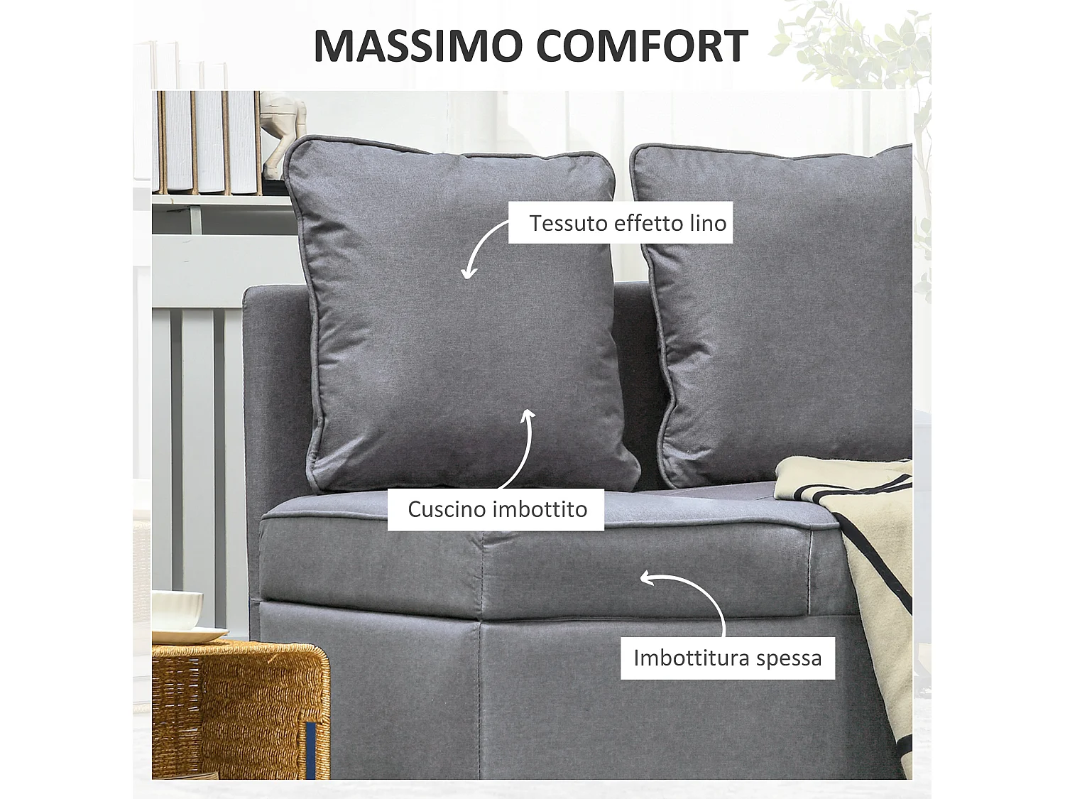 Poltrona letto 3 in 1 in tessuto effetto lino imbottita grigio scuro