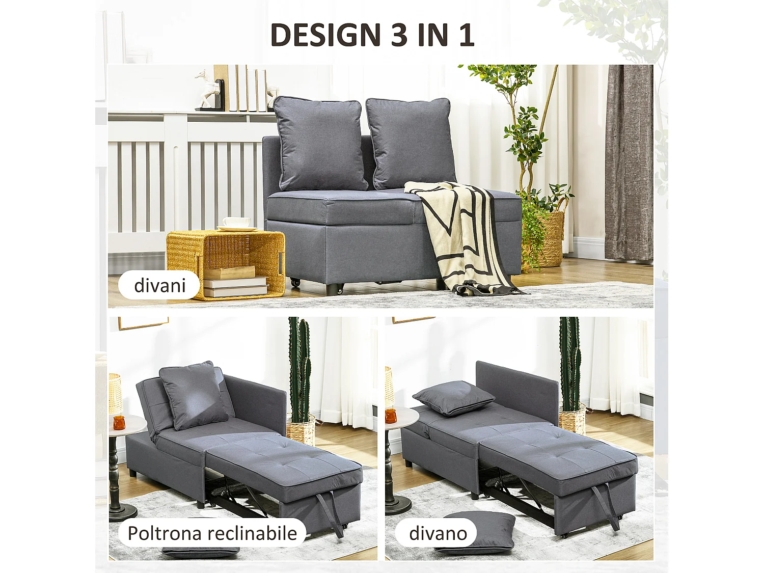 Poltrona letto 3 in 1 in tessuto effetto lino imbottita grigio scuro