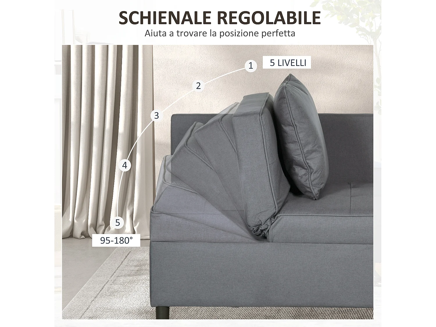 Poltrona letto 3 in 1 in tessuto effetto lino imbottita grigio scuro