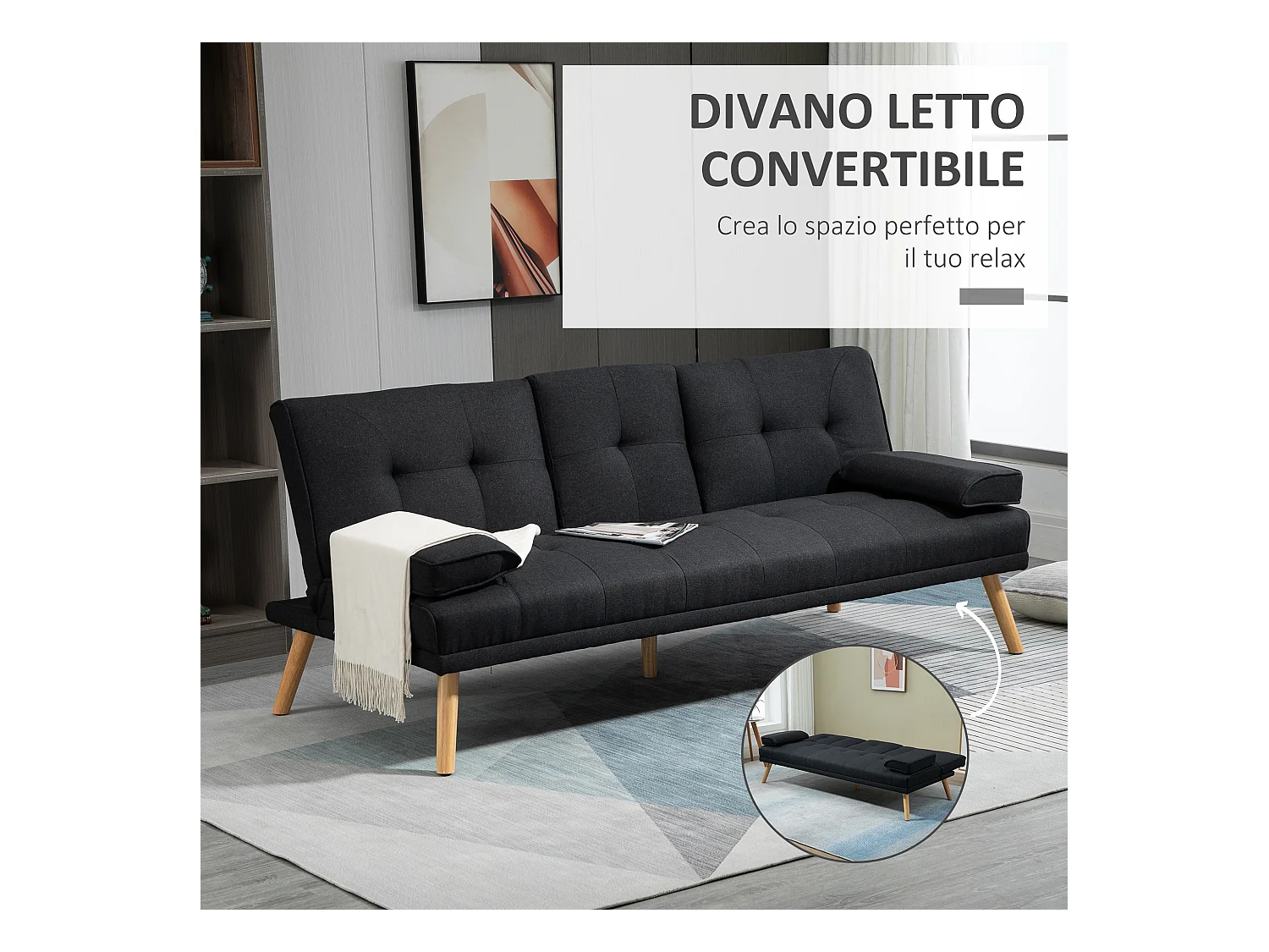 Divano letto 3  posti reclinabile con tavolino a ribalta grigio