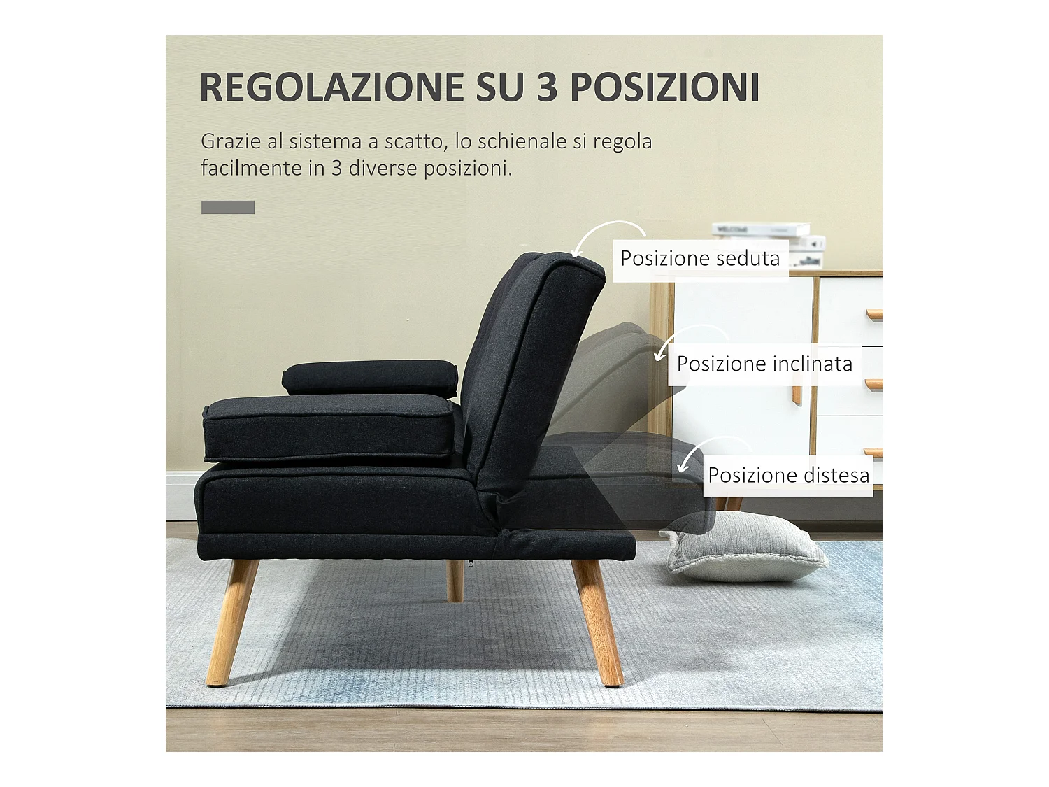 Divano letto 3  posti reclinabile con tavolino a ribalta grigio