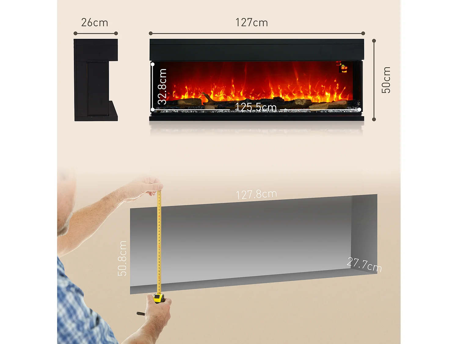 Camino elettrico a incasso e parete 1800W con fiamme colorate