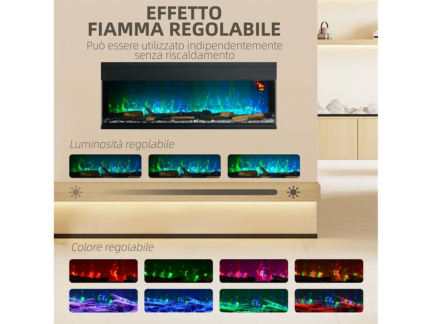 Camino elettrico a incasso e parete 1800W con fiamme colorate