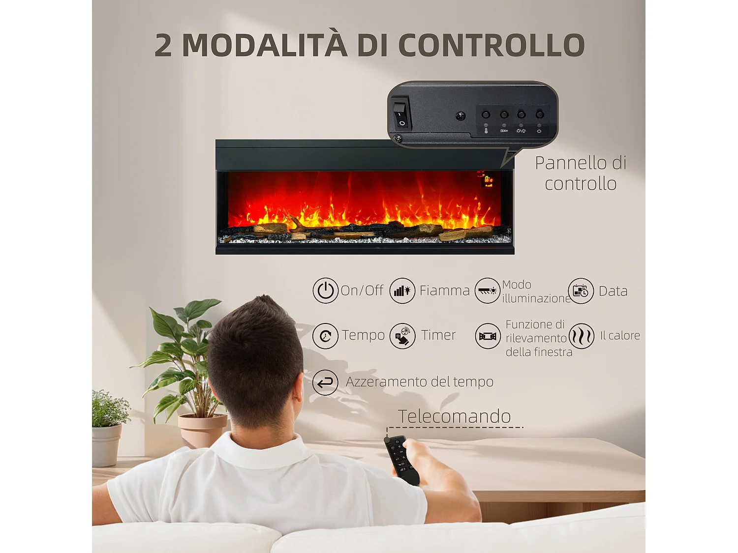 Camino elettrico a incasso e parete 1800W con fiamme colorate