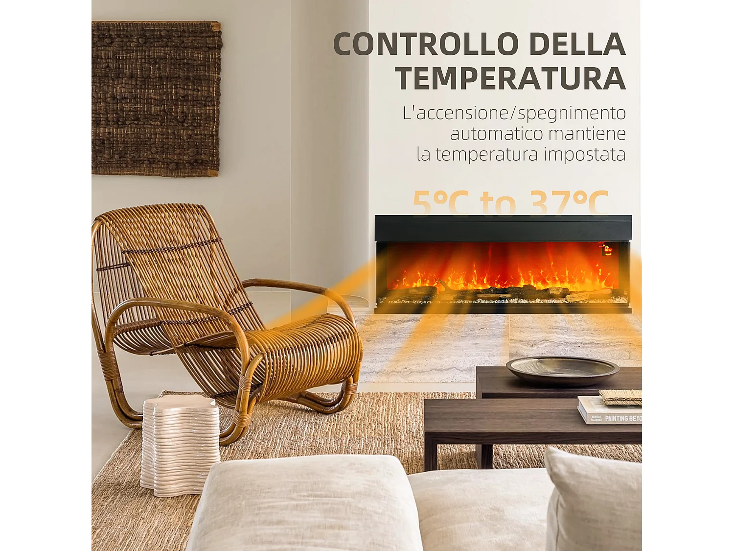 Camino elettrico a incasso e parete 1800W con fiamme colorate