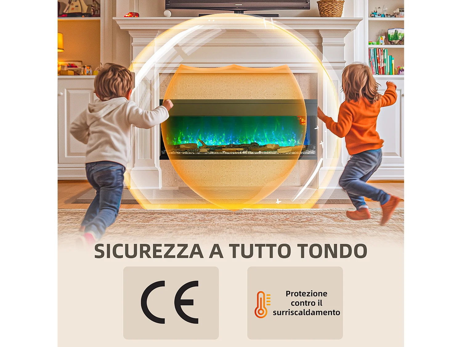 Camino elettrico a incasso e parete 1800W con fiamme colorate