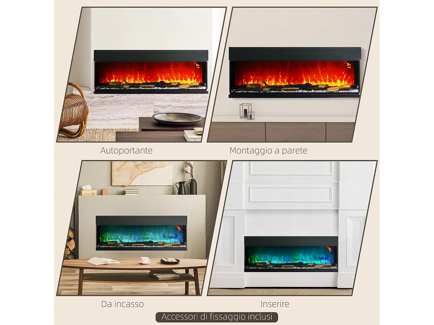 Camino elettrico a incasso e parete 1800W con fiamme colorate