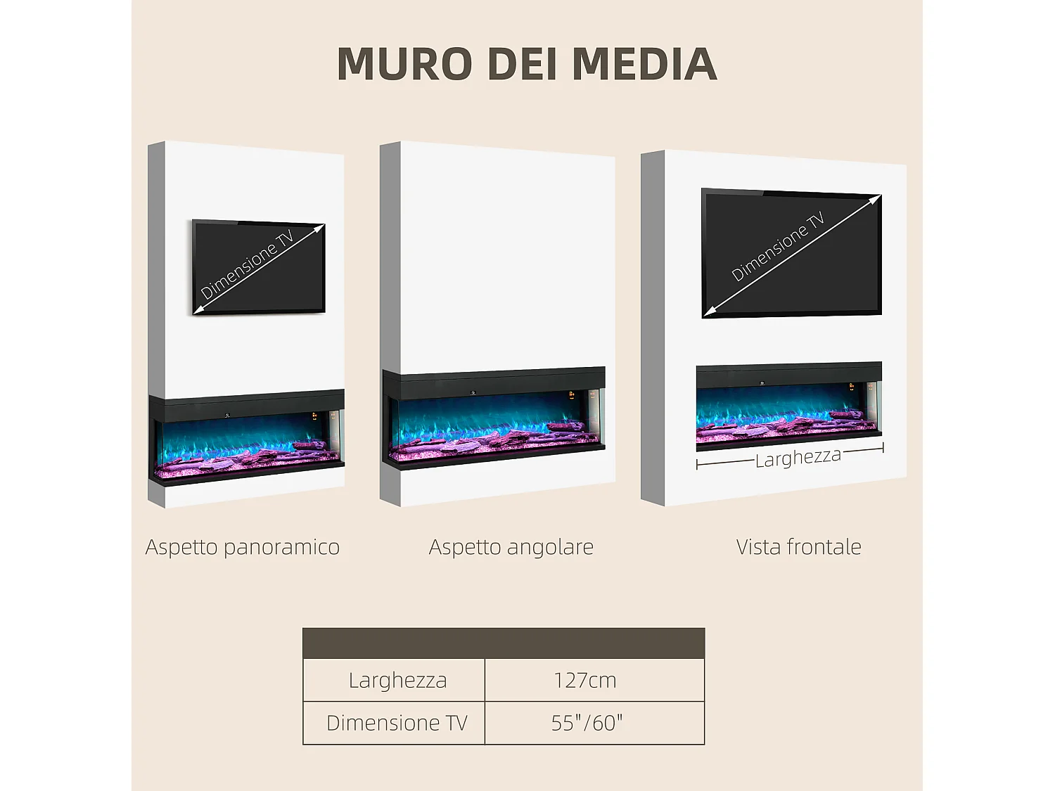 Camino elettrico a incasso e parete 1800W con fiamme colorate