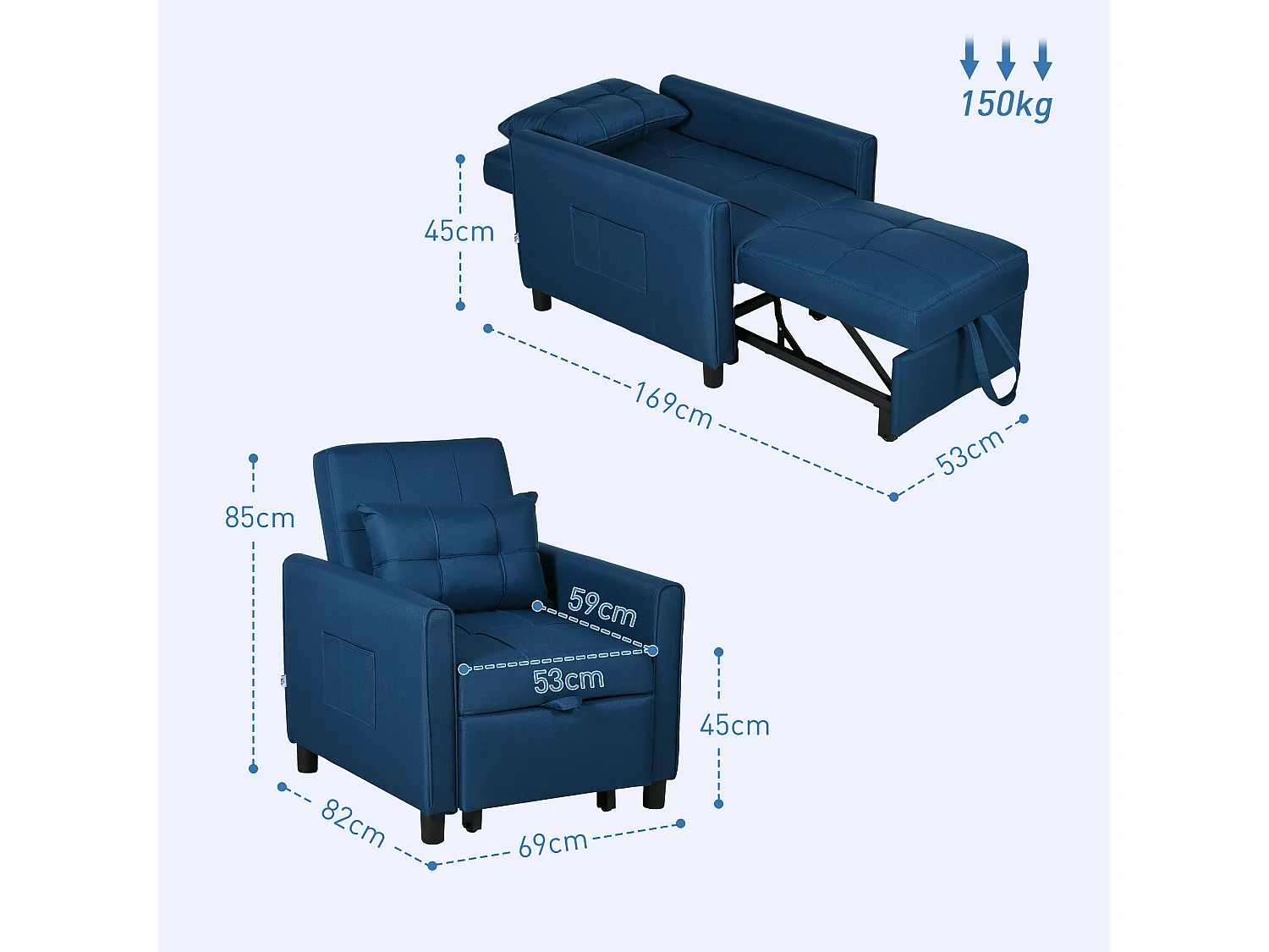 Poltrona letto singolo 3 reclinazioni con cuscino extra blu