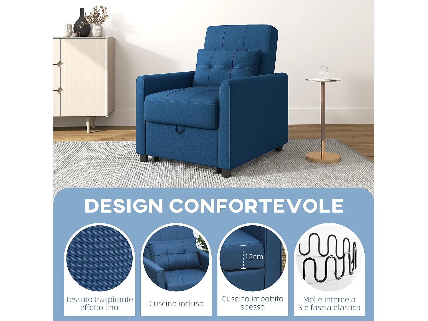 Poltrona letto singolo 3 reclinazioni con cuscino extra blu