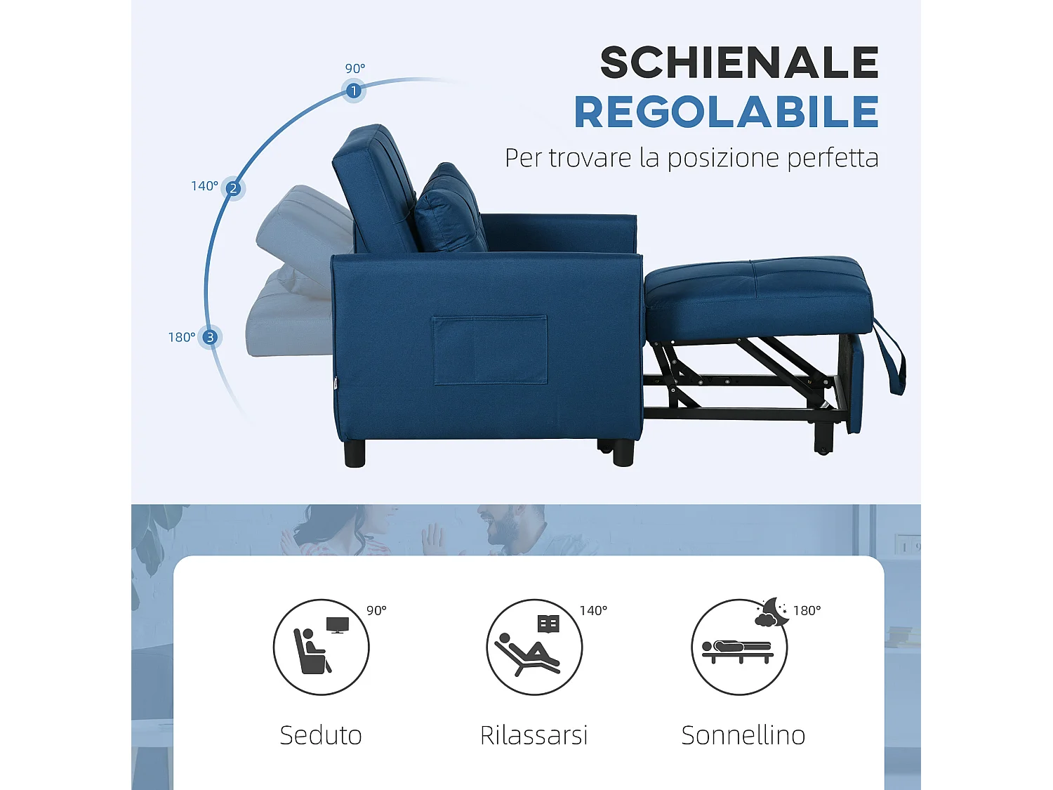 Poltrona letto singolo 3 reclinazioni con cuscino extra blu