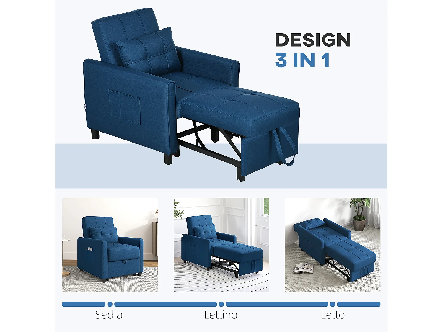 Poltrona letto singolo 3 reclinazioni con cuscino extra blu