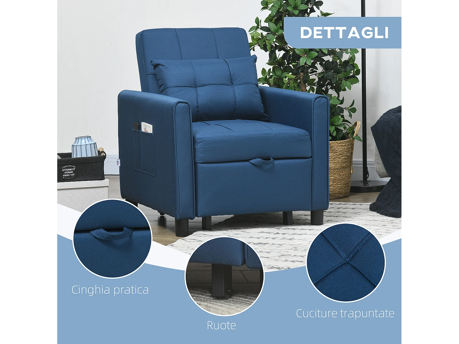 Poltrona letto singolo 3 reclinazioni con cuscino extra blu