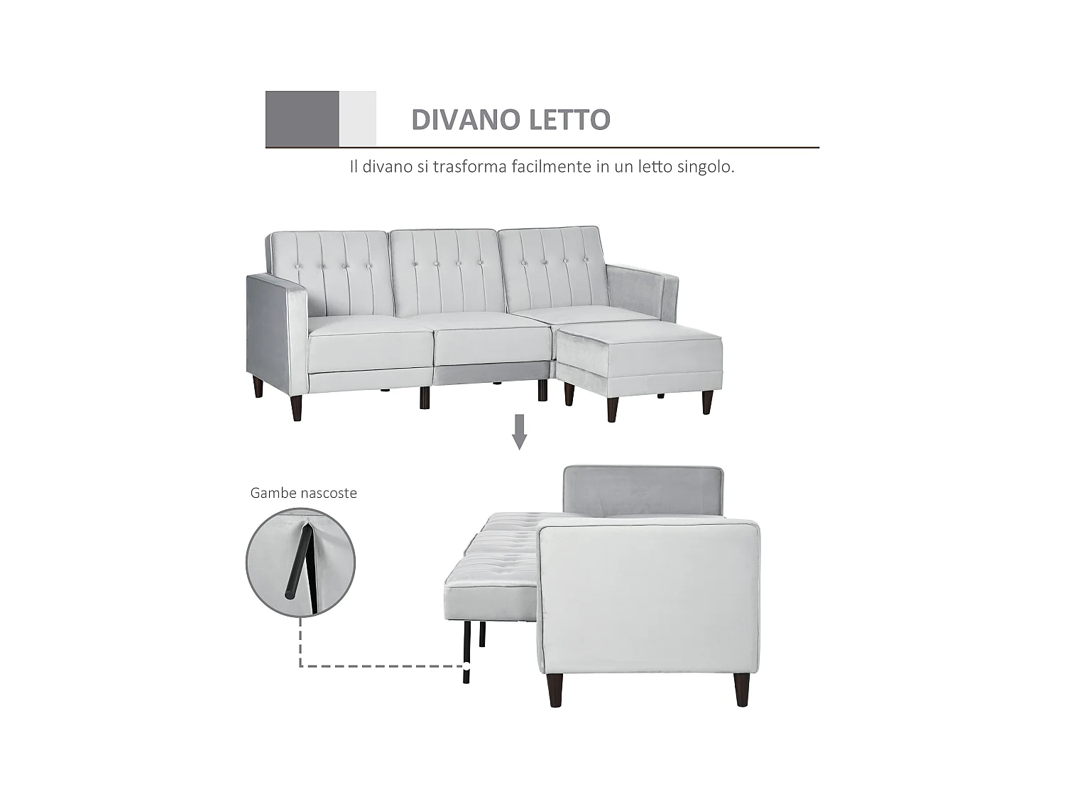 Divano letto 3  posti con poggiapiedi e schienale reclinabile