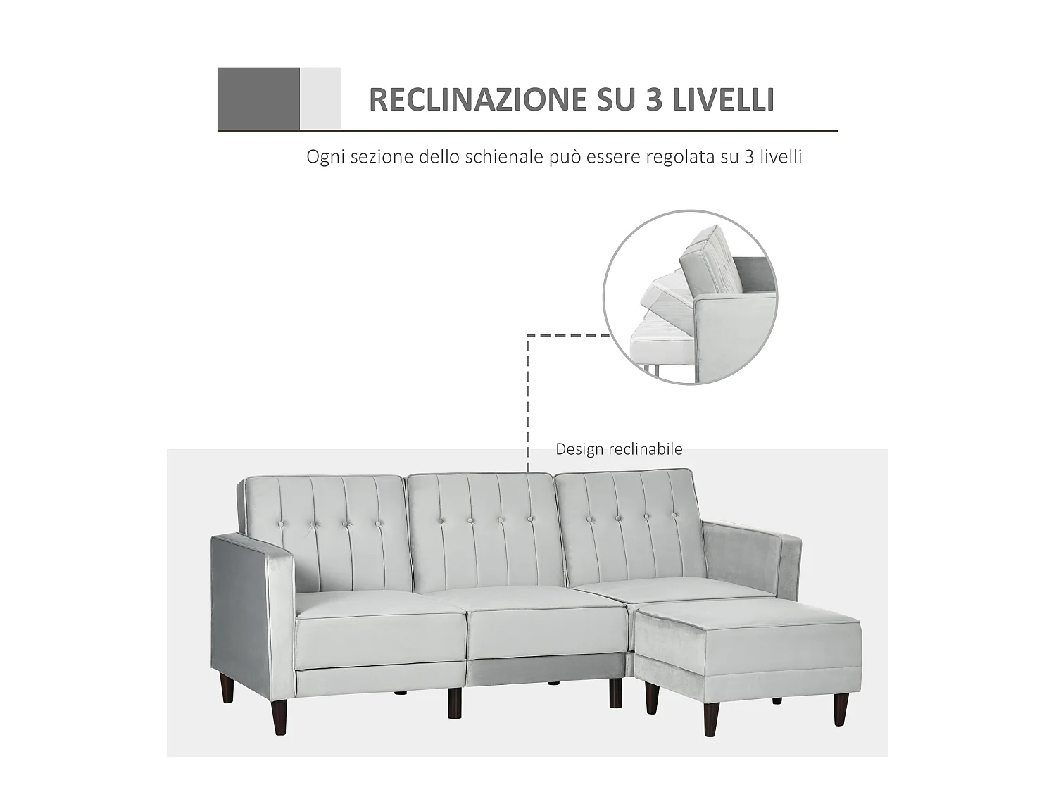 Divano letto 3  posti con poggiapiedi e schienale reclinabile