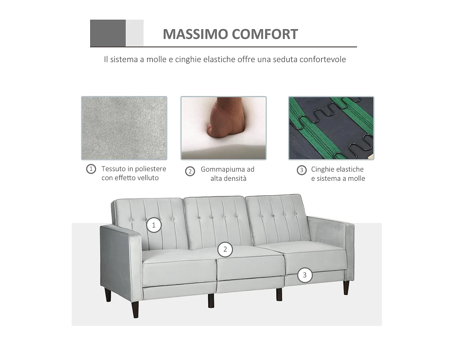 Divano letto 3  posti con poggiapiedi e schienale reclinabile