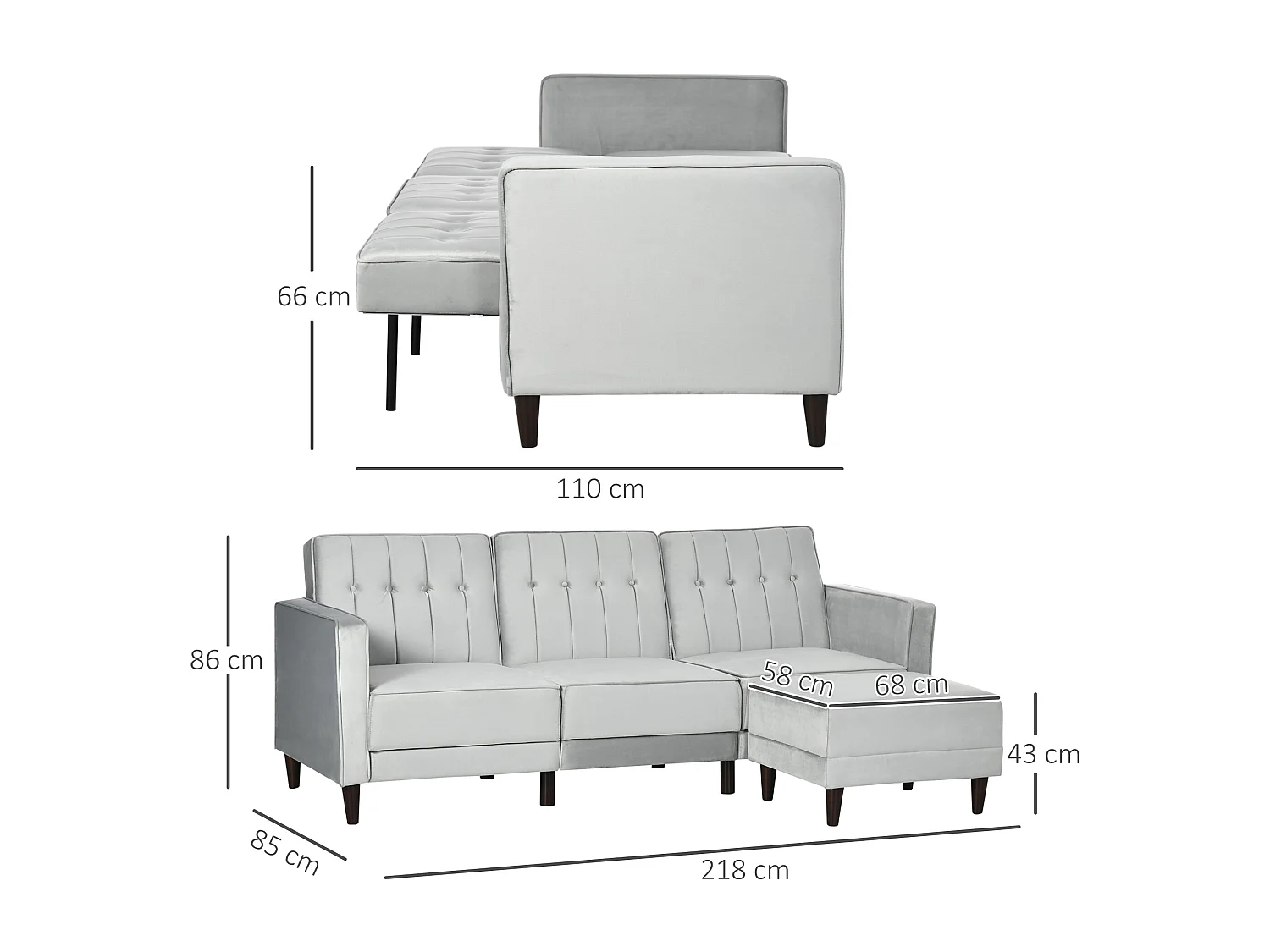 Divano letto 3  posti con poggiapiedi e schienale reclinabile