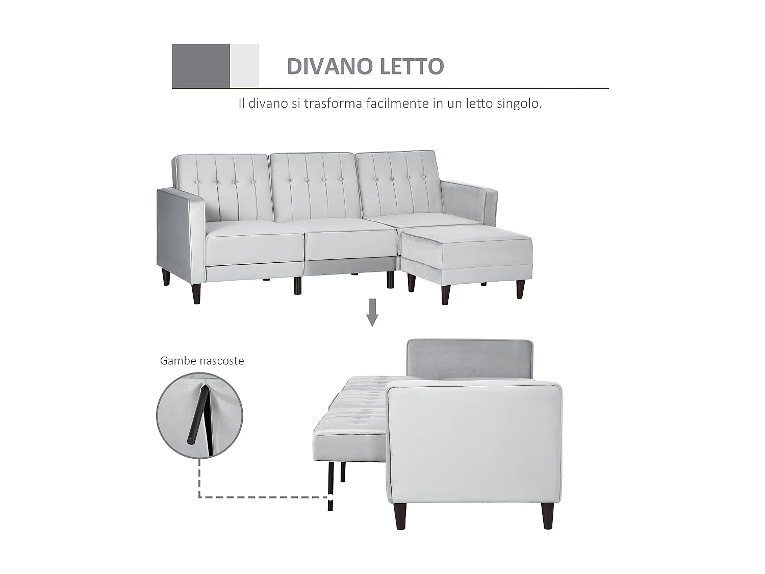 Divano letto 3  posti con poggiapiedi e schienale reclinabile