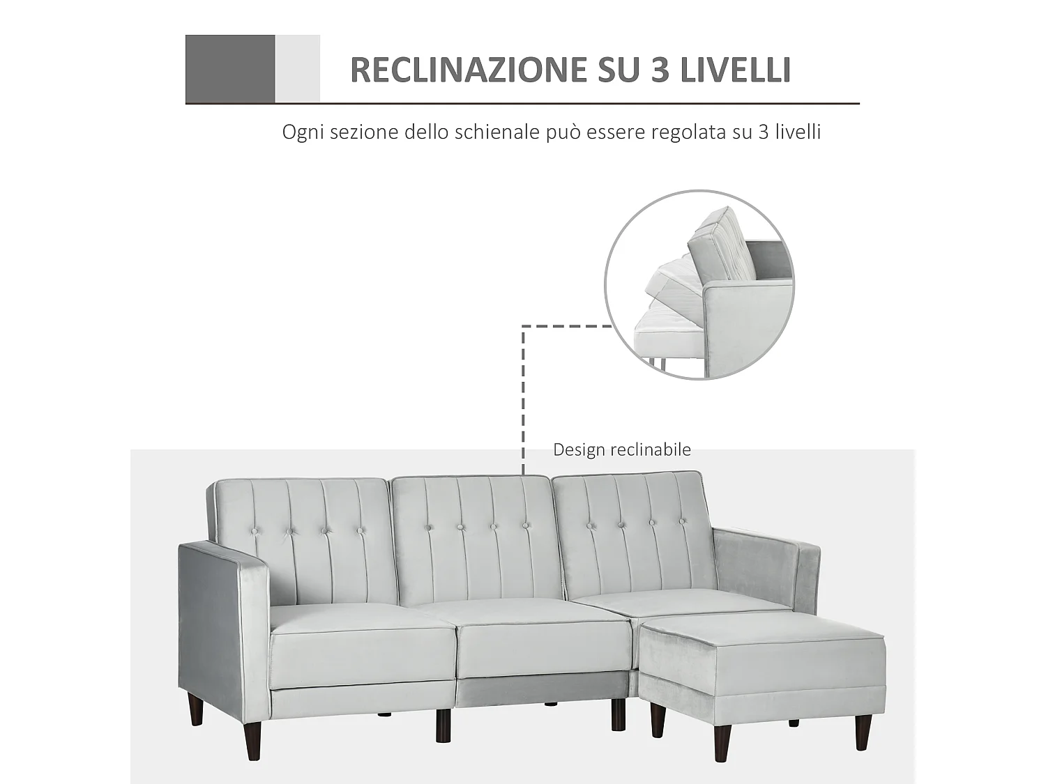 Divano letto 3  posti con poggiapiedi e schienale reclinabile