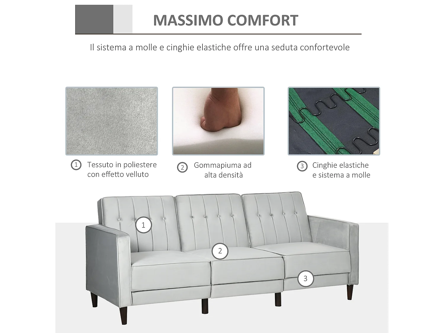 Divano letto 3  posti con poggiapiedi e schienale reclinabile