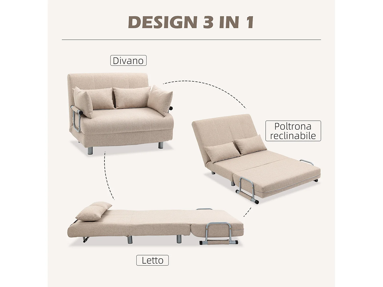 Divano letto 2  posti convertibile schienale regolabile 4 cuscini beige