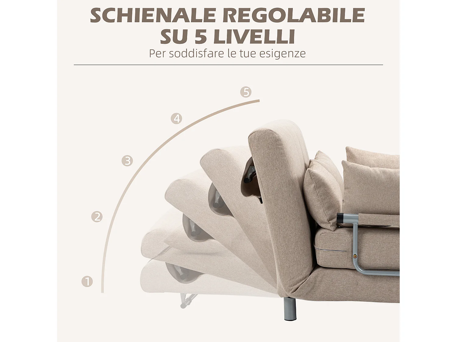 Divano letto 2  posti convertibile schienale regolabile 4 cuscini beige