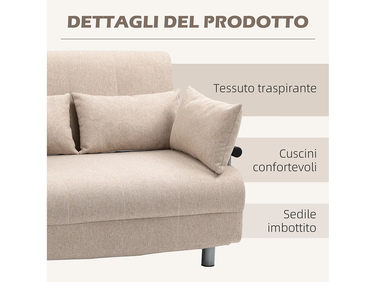 Divano letto 2  posti convertibile schienale regolabile 4 cuscini beige