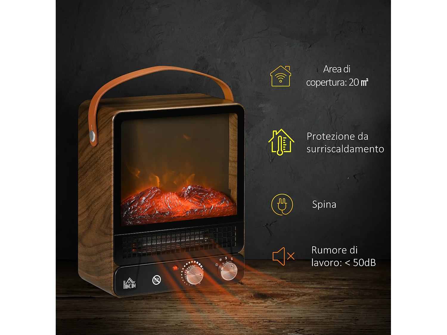 Camino elettrico a 3 modalità di riscaldamento con fiamma led