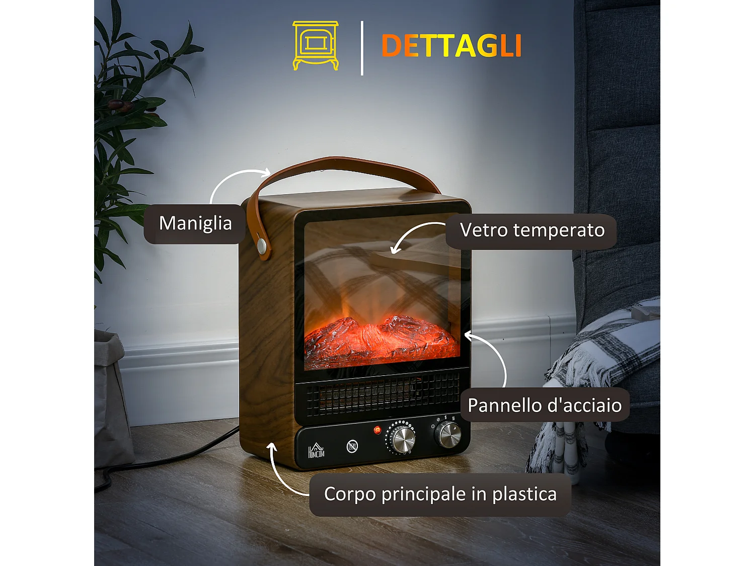 Camino elettrico a 3 modalità di riscaldamento con fiamma led