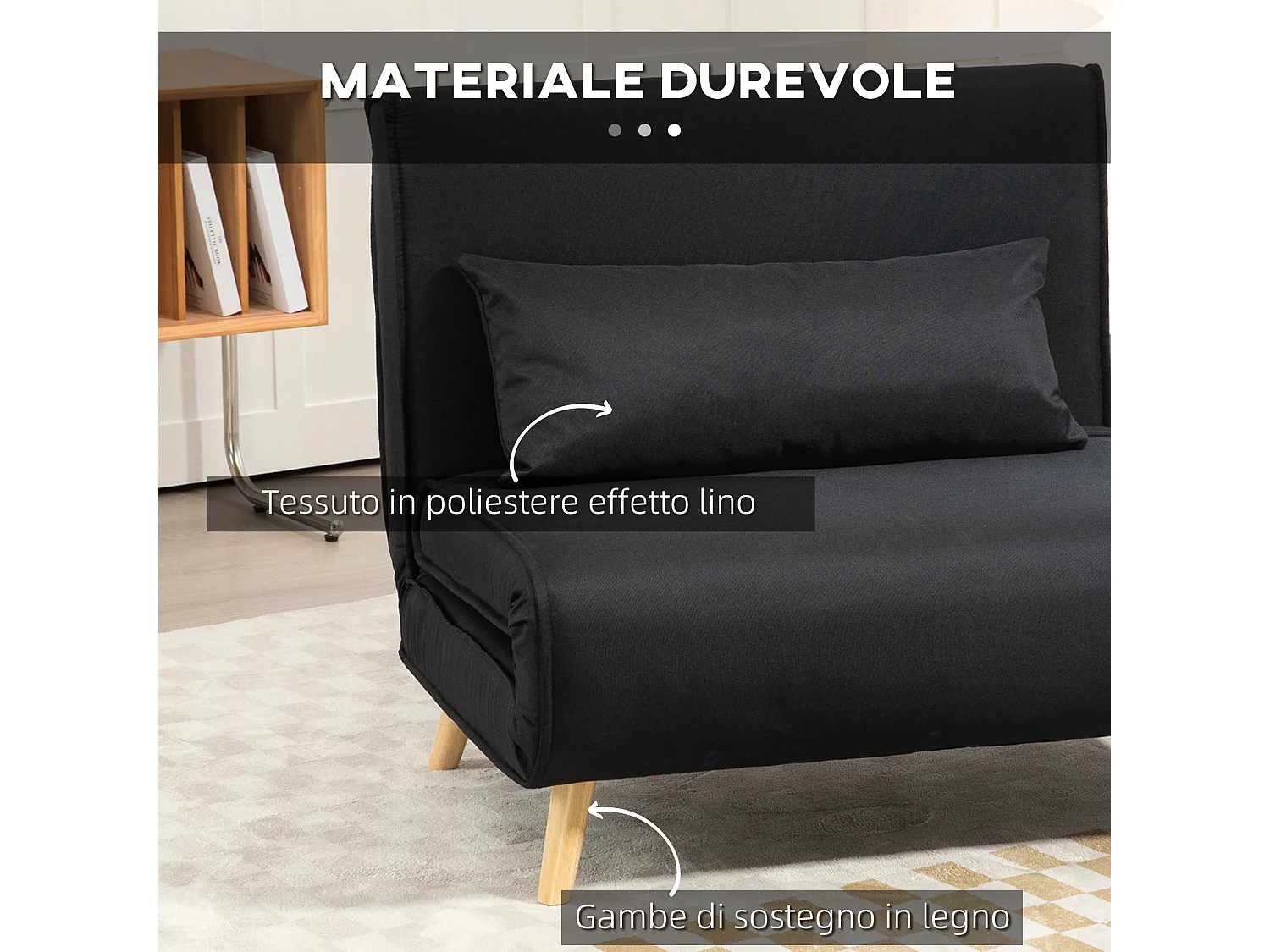 Poltrona letto singolo con schienale regolabile in tessuto nero