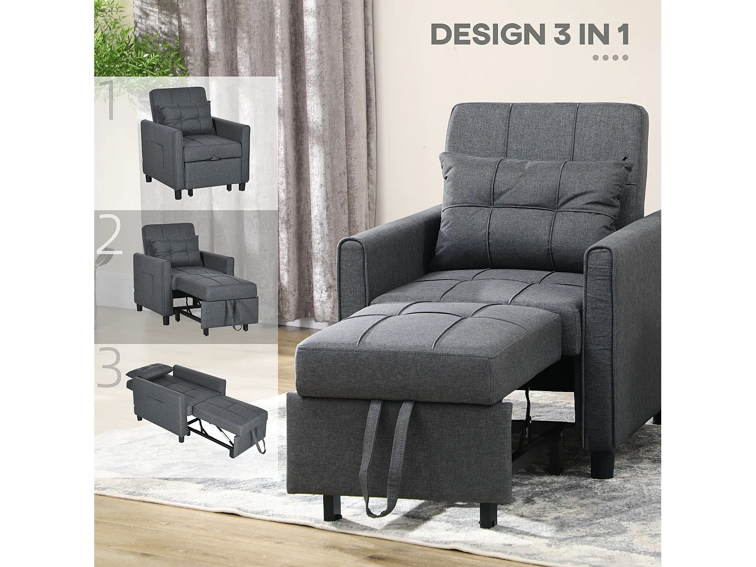 Poltrona letto singolo 3 reclinazioni con cuscino extra grigio