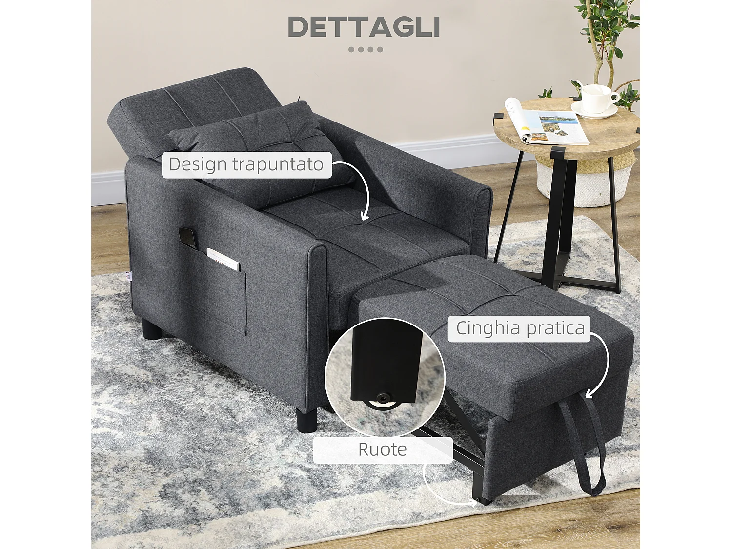Poltrona letto singolo 3 reclinazioni con cuscino extra grigio