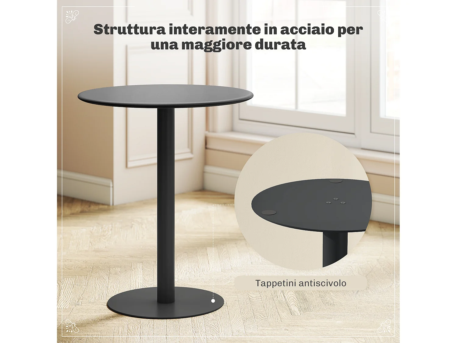 Tavolo da cucina rotondo e moderno per 2 persone in acciaio nero