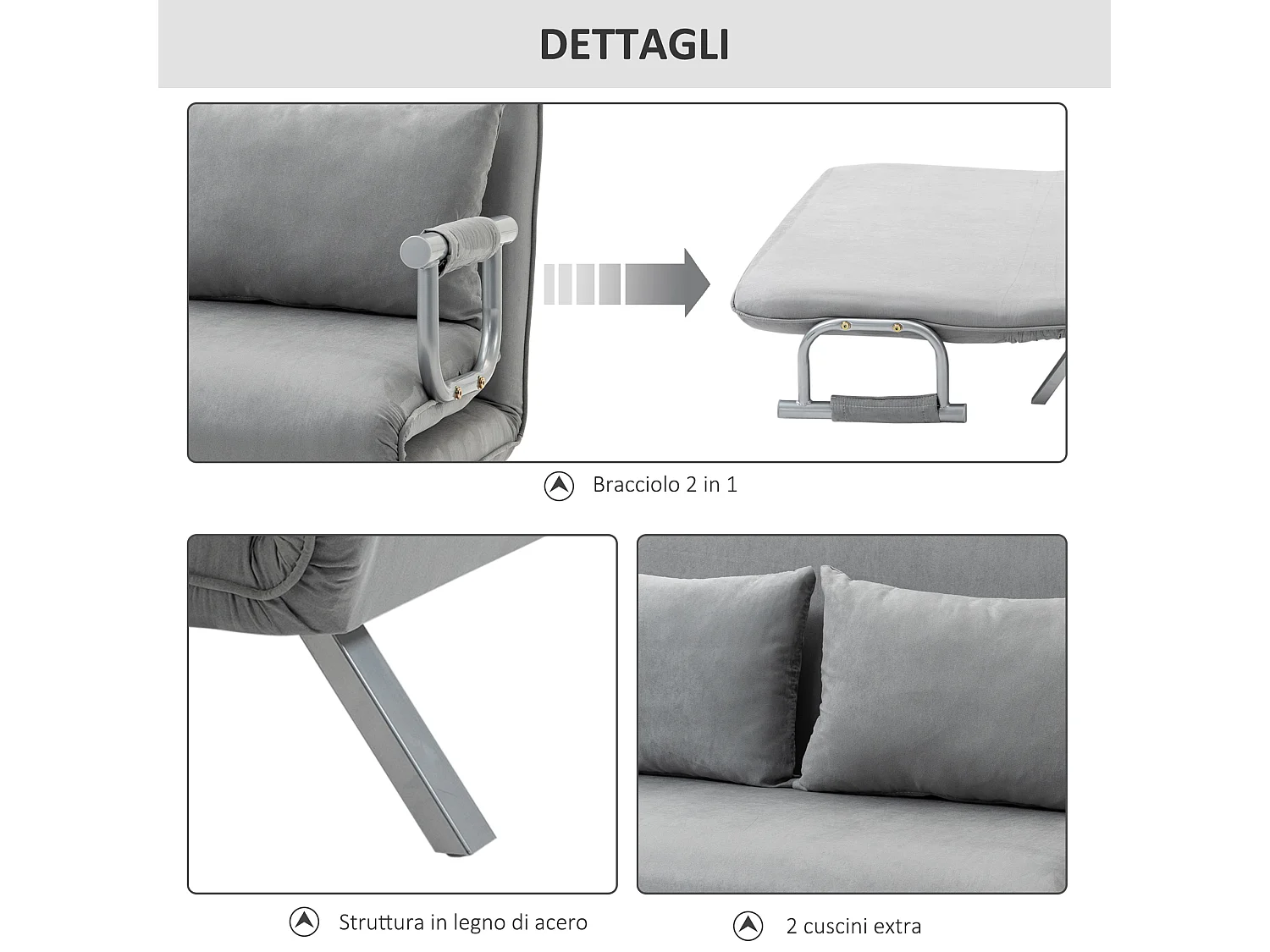 Divano letto singolo regolabile in 5 posizioni grigio chiaro