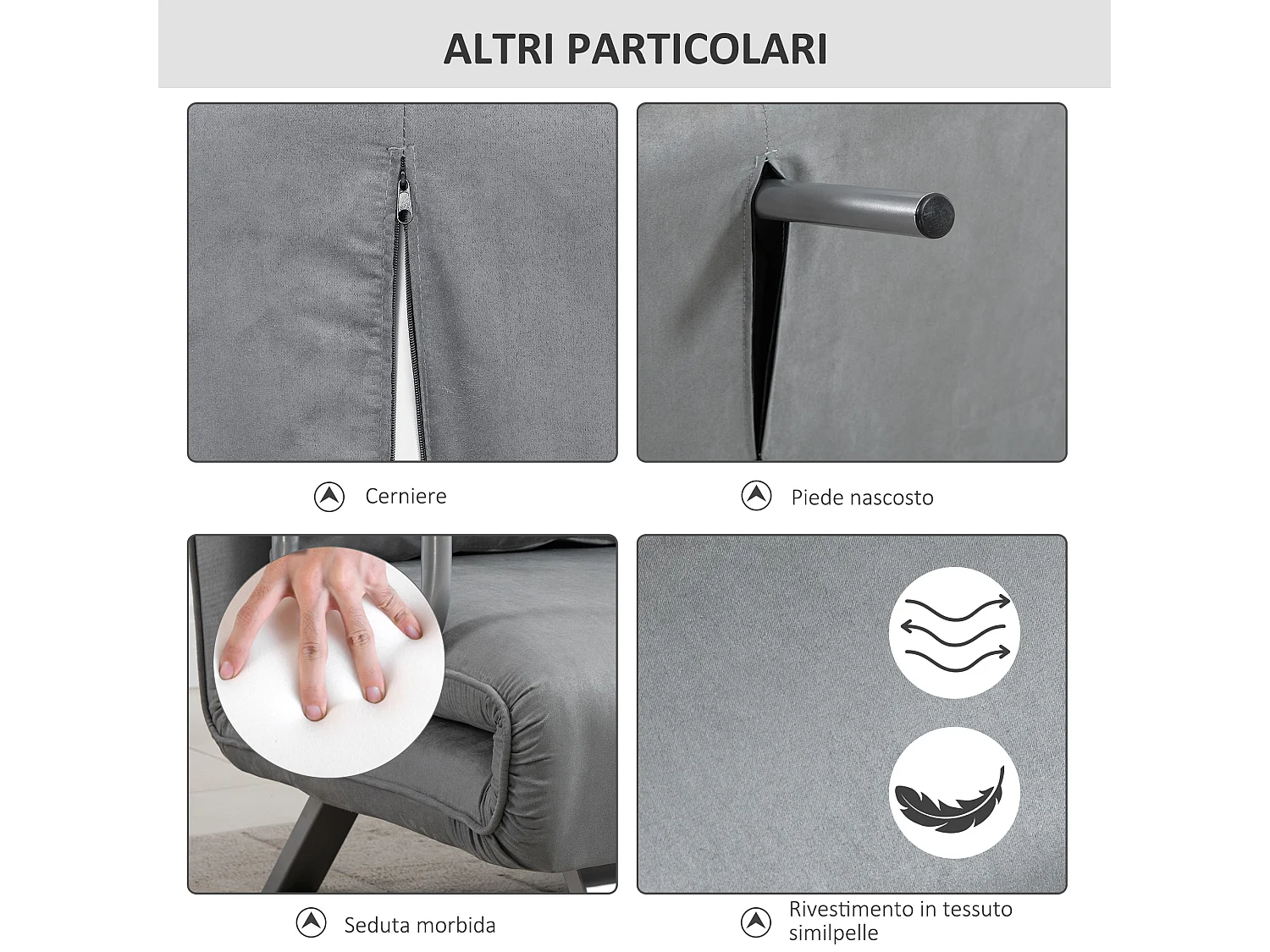 Divano letto singolo regolabile in 5 posizioni grigio chiaro