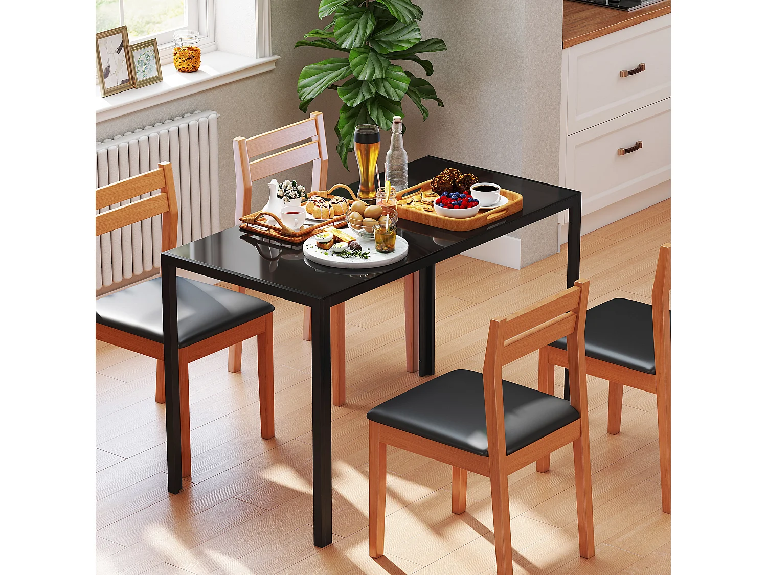 Tavolo da cucina per 4 persone con piano in vetro temperato nero