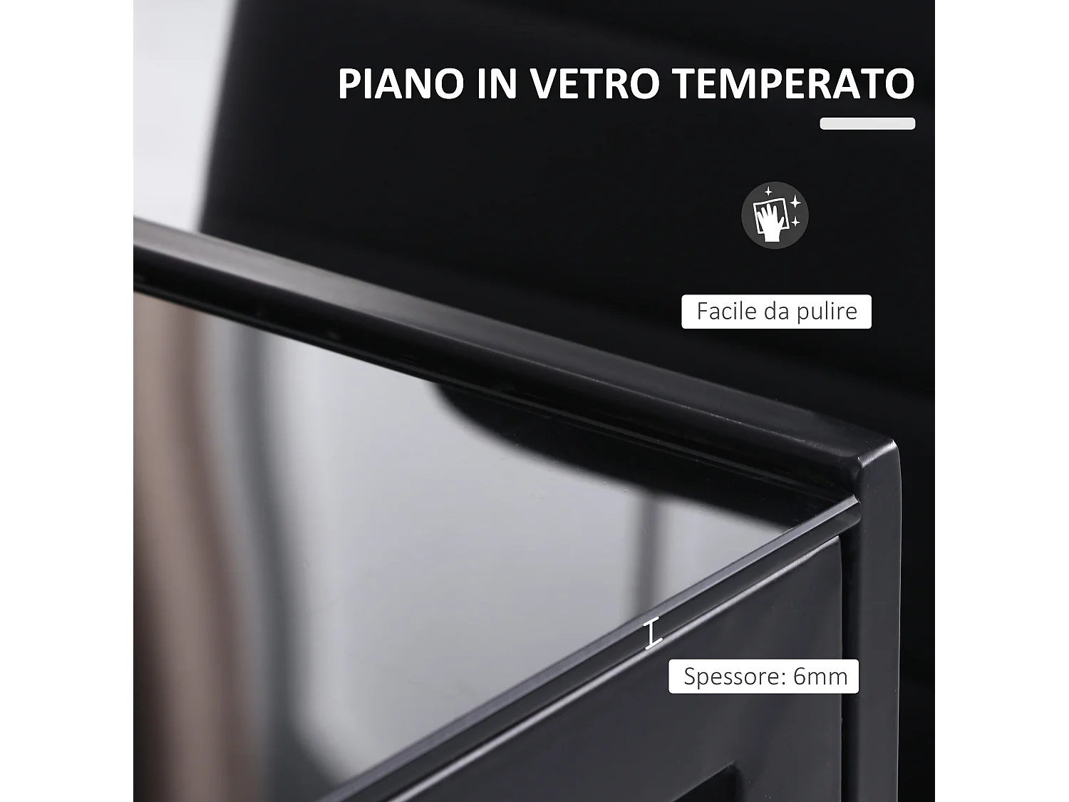 Tavolo da cucina per 4 persone con piano in vetro temperato nero