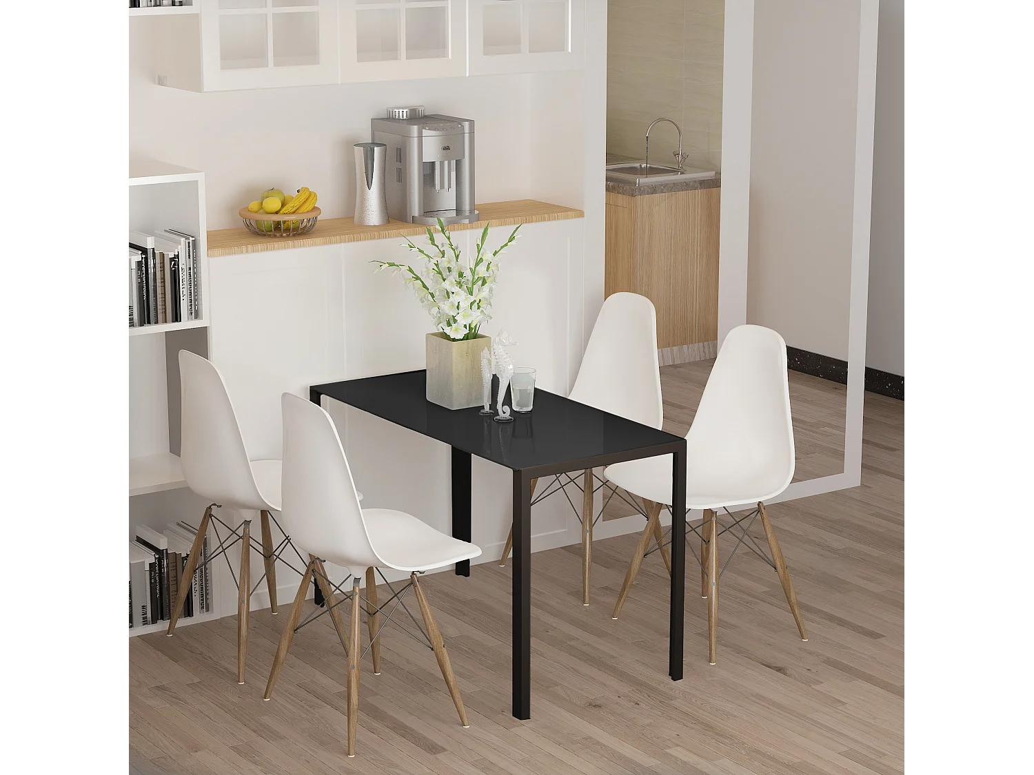 Tavolo da cucina per 4 persone con piano in vetro temperato nero