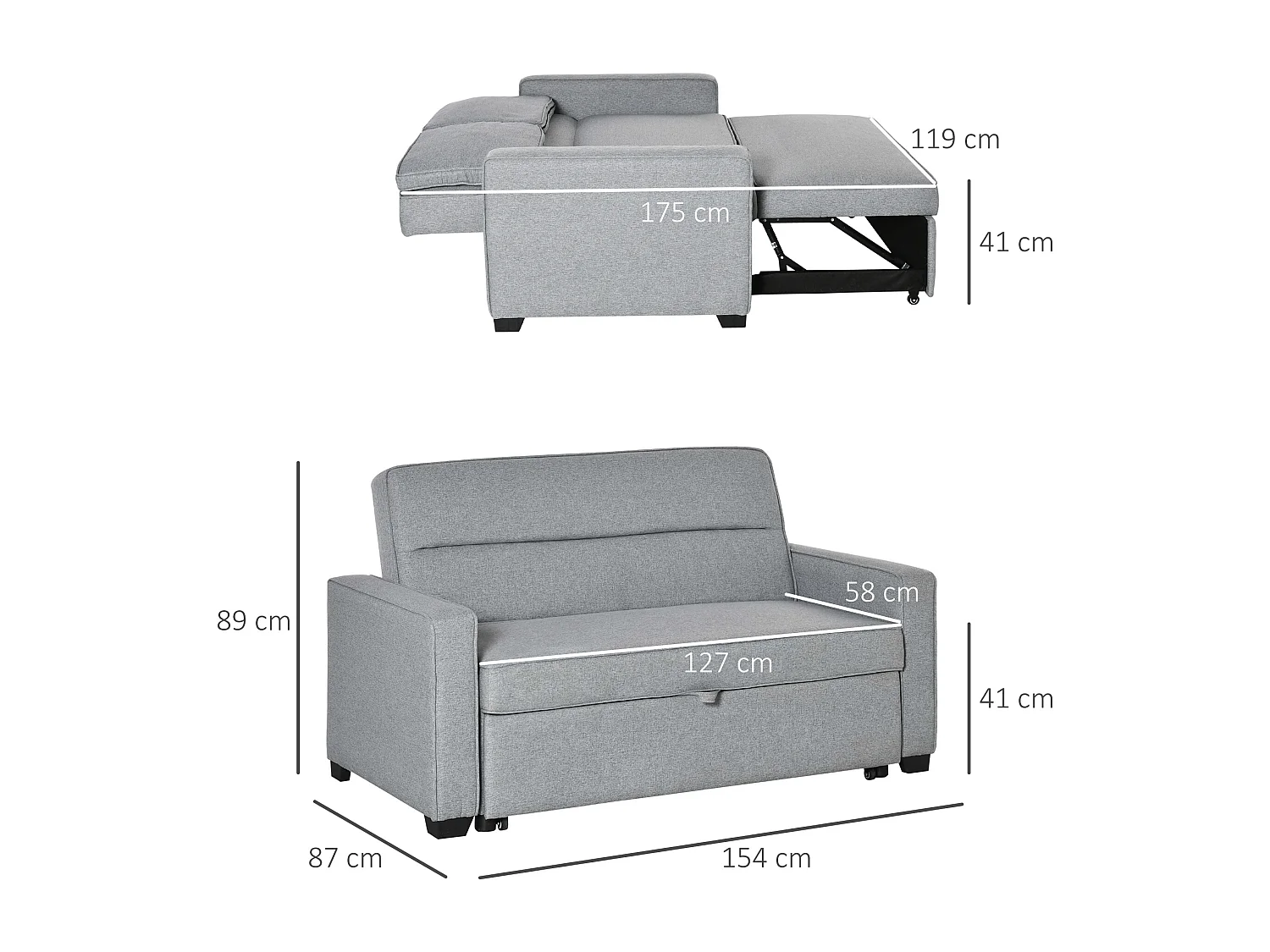 Divano 2  posti con schienale reclinabile su 3 livelli grigio