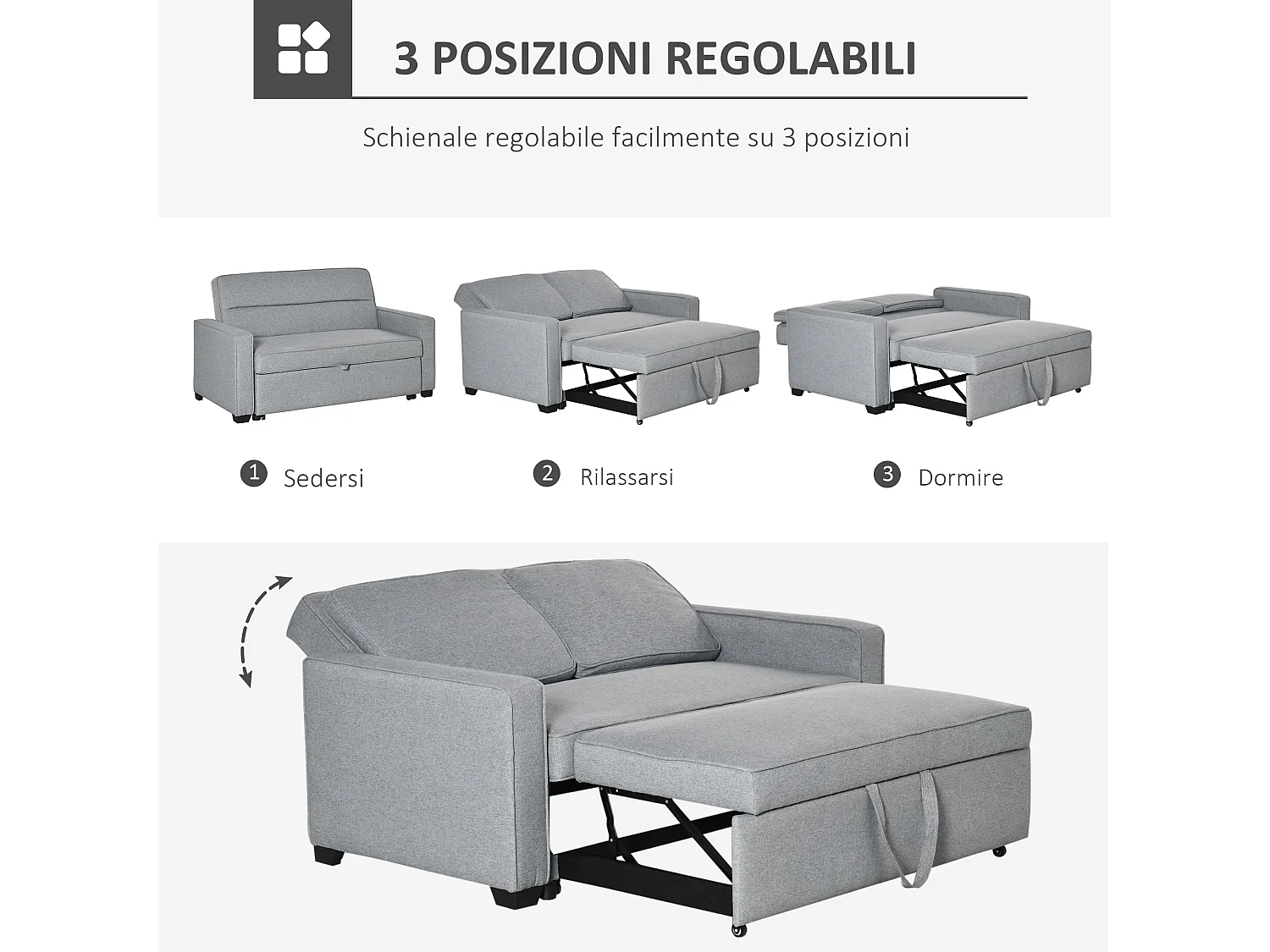 Divano 2  posti con schienale reclinabile su 3 livelli grigio