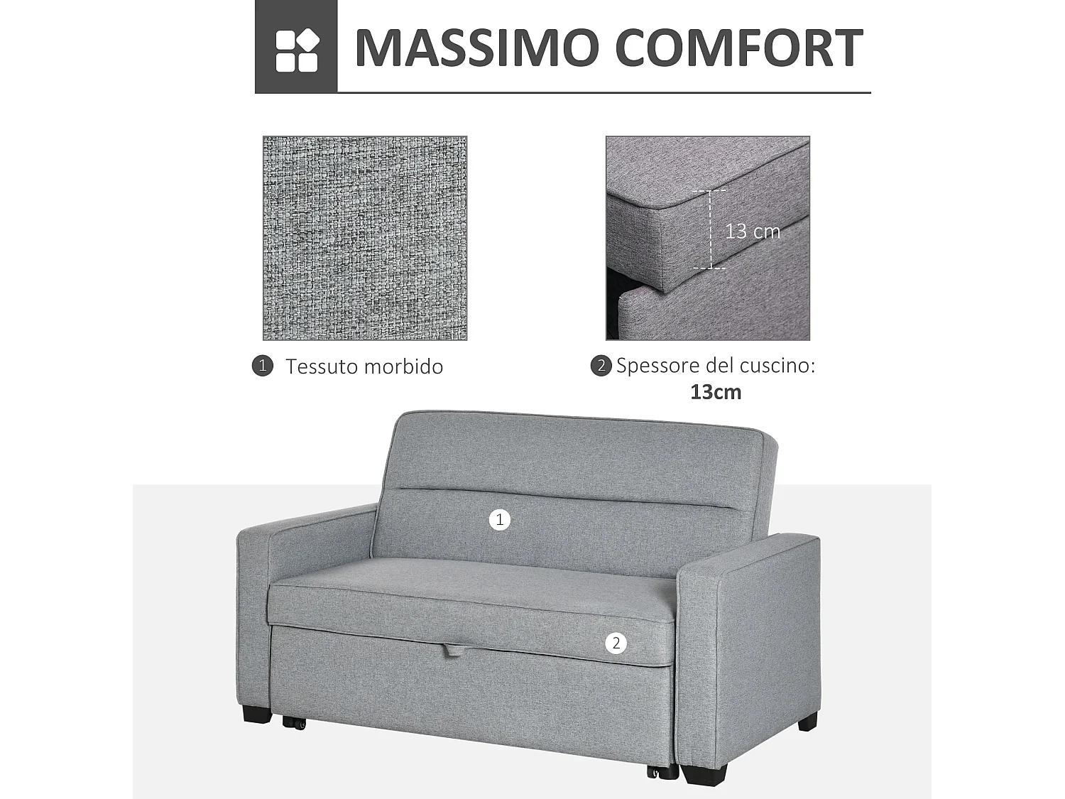 Divano 2  posti con schienale reclinabile su 3 livelli grigio