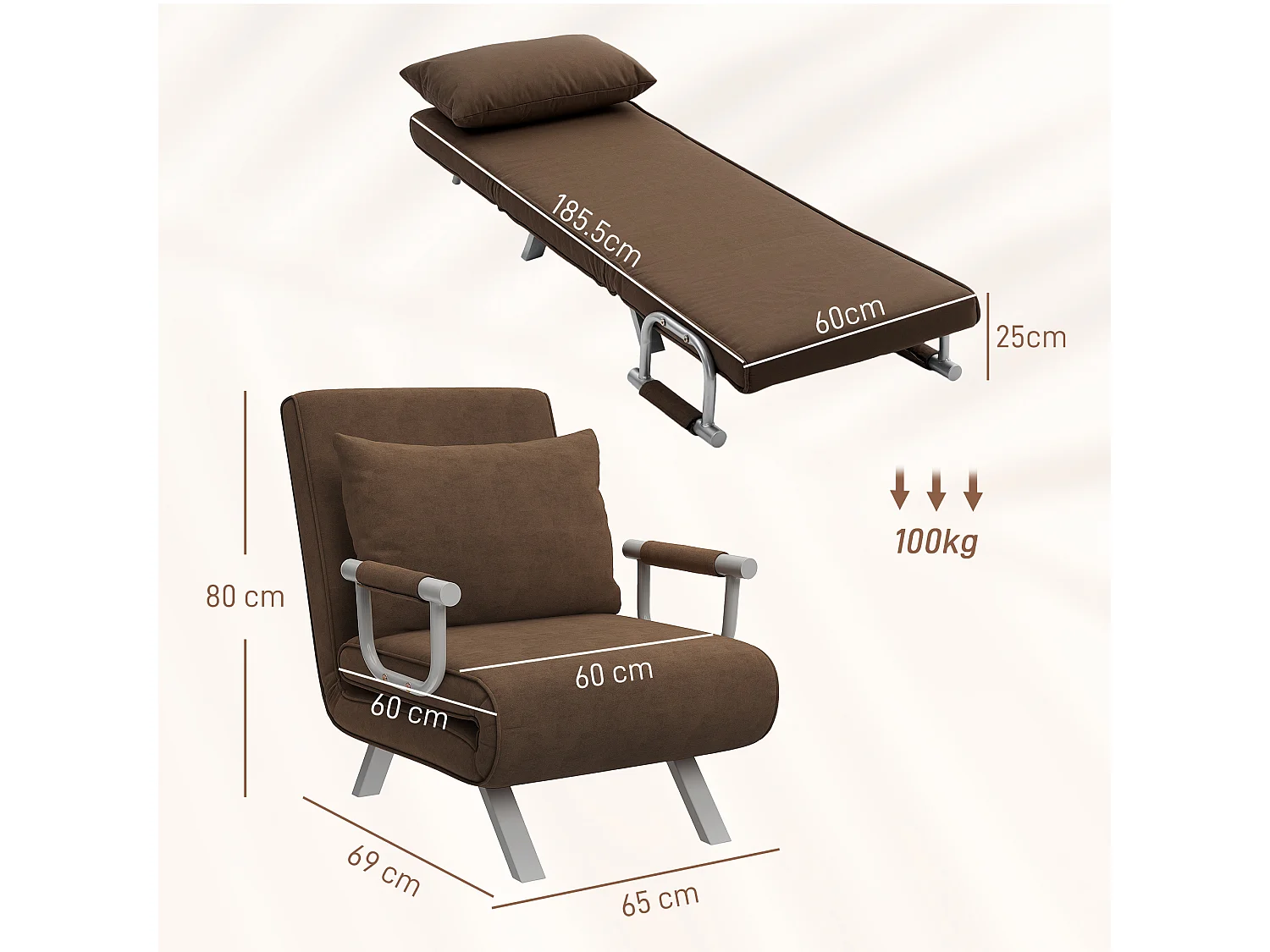 Poltrona letto con schienale reclinabile su 5 posizioni marrone